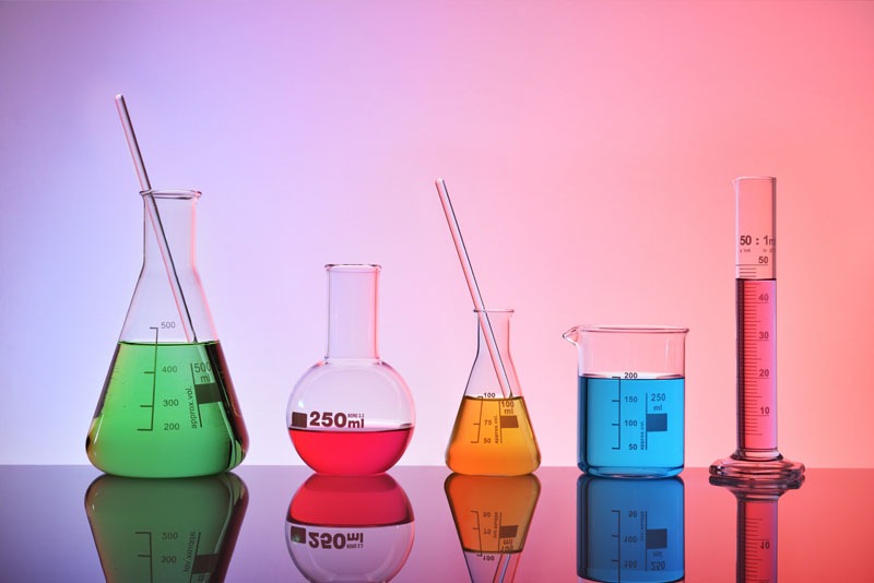Laboratory glass chemical containers colorfull general view